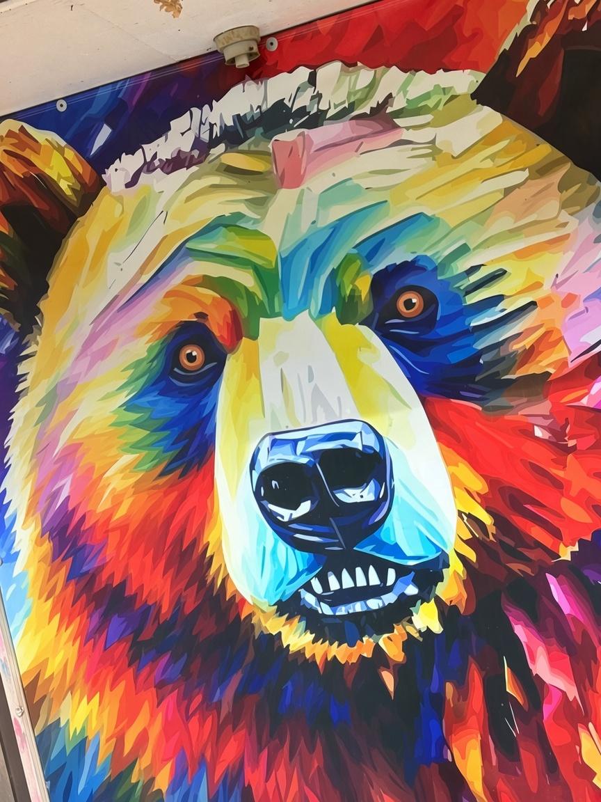 Bright rainbow grizzly bear mural